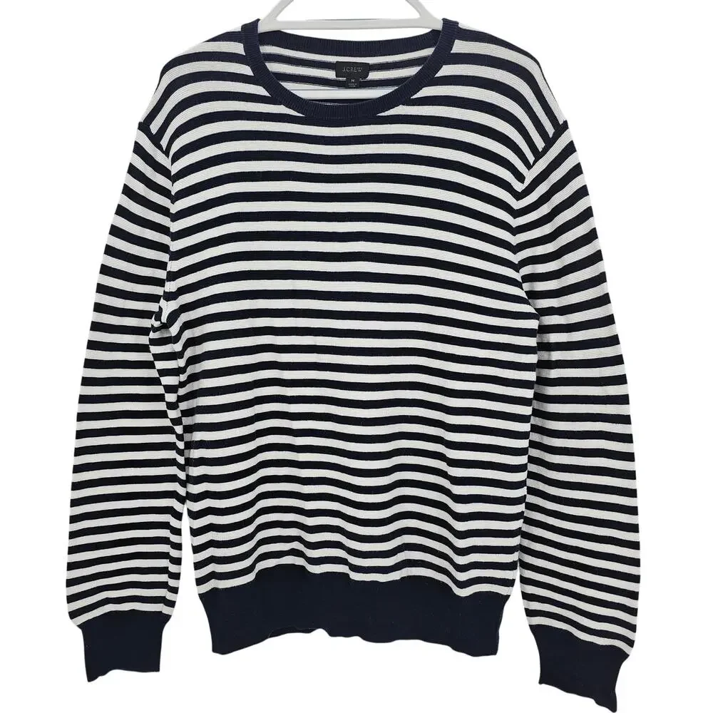 J. Crew Mens size M Cotton Crewneck Knit Sweater Blue/White Stripe AG815 NEW